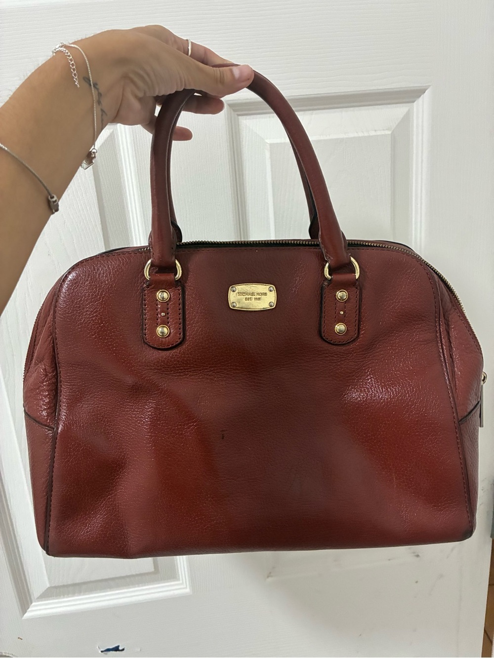 Michael Kors Deep Red Leather Satchel with Gold Hardware